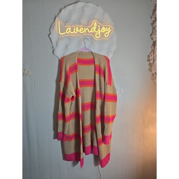 Grandpacore Duster Plus Size Pink Camel Striped Open Cardigan Sweater - Picture 1 of 7